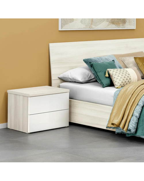 Comodino Melodia 2 Cassetti Rovere Sbiancato e Bianco Lucido – Design Moderno Senza Maniglie