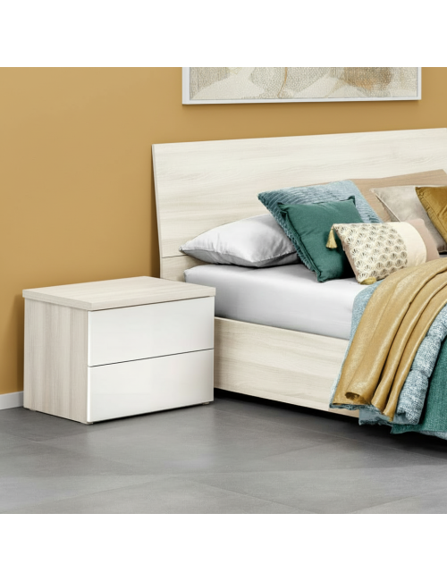Comodino Melodia 2 Cassetti Rovere Sbiancato e Bianco Lucido – Design Moderno Senza Maniglie
