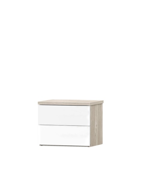 Comodino Melodia 2 Cassetti Rovere Sbiancato e Bianco Lucido – Design Moderno Senza Maniglie