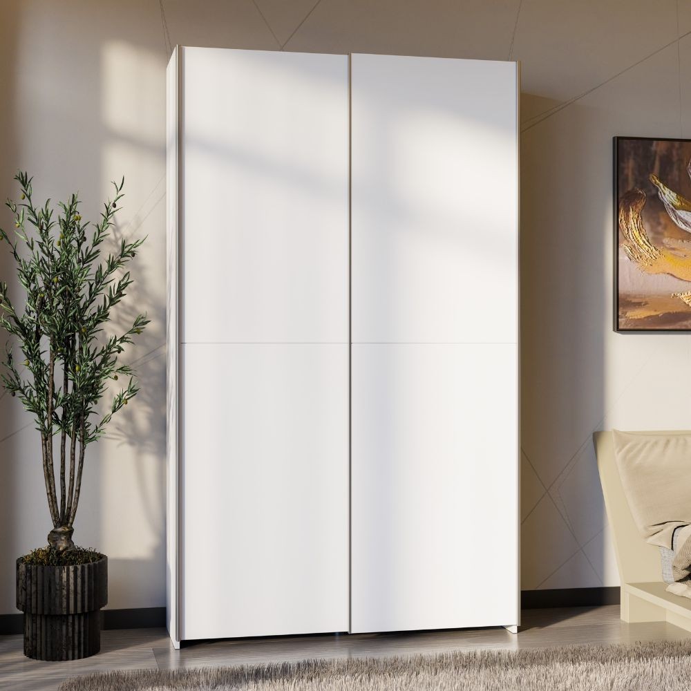Armadio Nico 2 ante scorrevoli bianco 120x39x210 con ripiani e appendiabiti