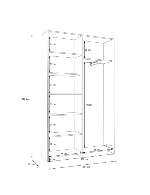 Armadio Nico 2 ante scorrevoli bianco 120x39x210 con ripiani e appendiabiti