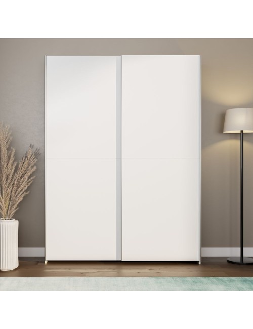 Armadio Nico 2 ante scorrevoli bianco 150x39x210 con ripiani e appendiabiti