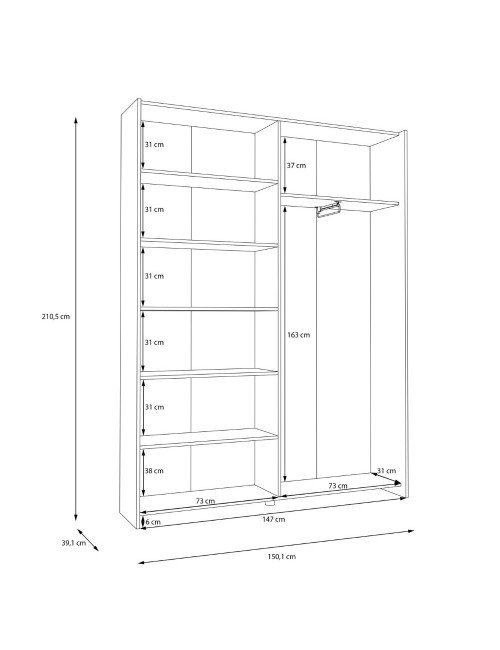Armadio Nico 2 ante scorrevoli bianco 150x39x210 con ripiani e appendiabiti