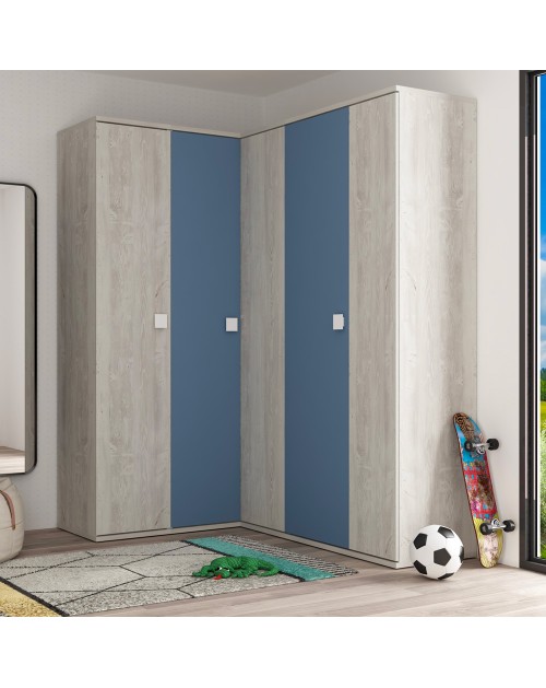 Armadio Angolare 5 Ante Bianco Consumato e Celeste con Ripiani e Appendiabiti – 233 cm