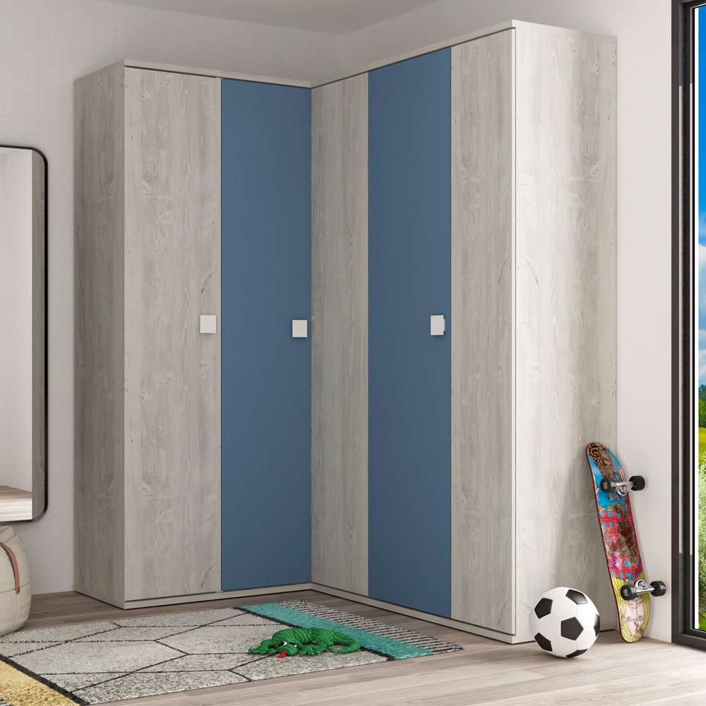 Armadio Angolare 5 Ante Bianco Consumato e Celeste con Ripiani e Appendiabiti – 233 cm