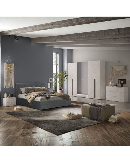 Camera da letto Aria con armadio bianco spatolato neve e letto contenitore Ascoli grigio