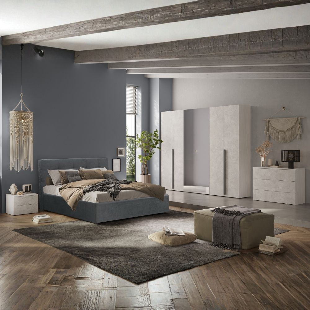 Camera da letto Aria con armadio bianco spatolato neve e letto contenitore Ascoli grigio