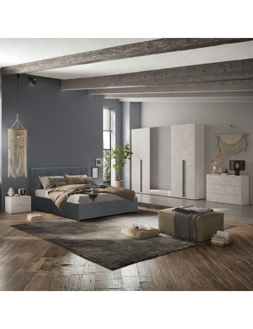 Camera da letto Aria con armadio bianco spatolato neve e letto contenitore Ascoli grigio