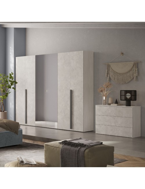 Camera da letto Aria con armadio bianco spatolato neve e letto contenitore Ascoli grigio