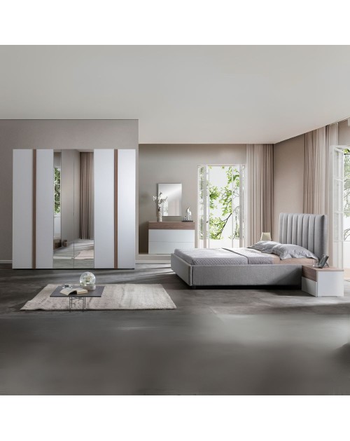 Camera da letto Amor bianco e grigio con armadio 6 ante specchiato e letto contenitore – Eleganza Moderna