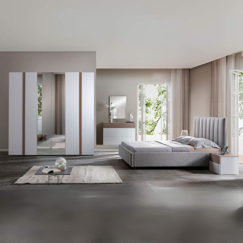 Camera da letto Amor bianco e grigio con armadio 6 ante specchiato e letto contenitore – Eleganza Moderna
