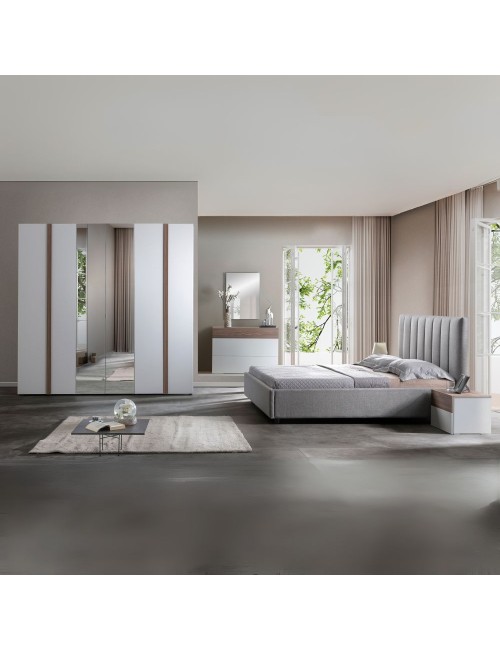 Camera da letto Amor bianco e grigio con armadio 6 ante specchiato e letto contenitore – Eleganza Moderna