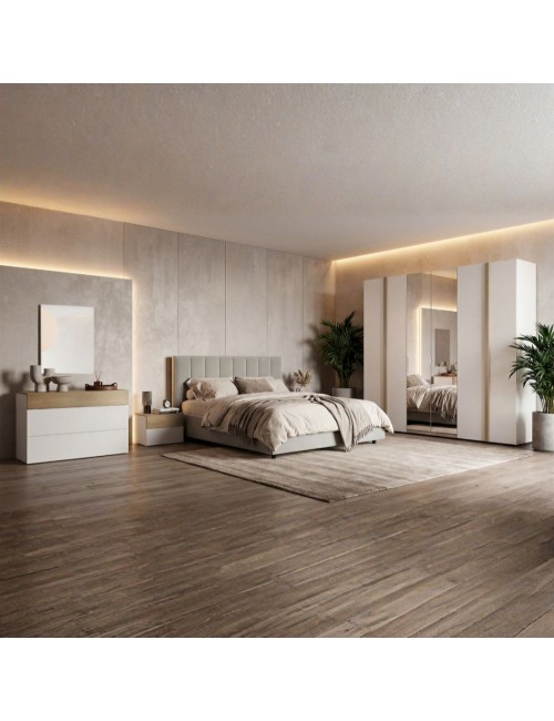 Camera da letto Amor bianco e rovere con armadio 6 ante specchiato e letto contenitore – Eleganza Moderna