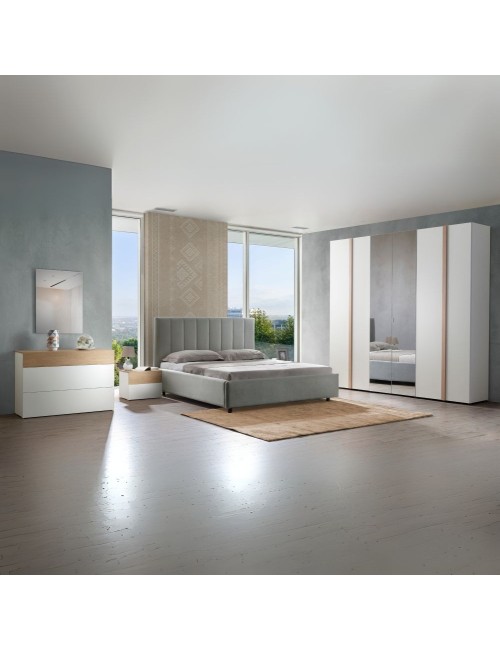 Camera da letto Amor bianco e rovere con armadio 6 ante specchiato e letto contenitore – Eleganza Moderna