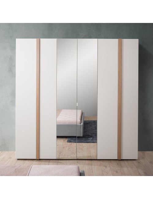 Camera da letto Amor bianco e rovere con armadio 6 ante specchiato e letto contenitore – Eleganza Moderna