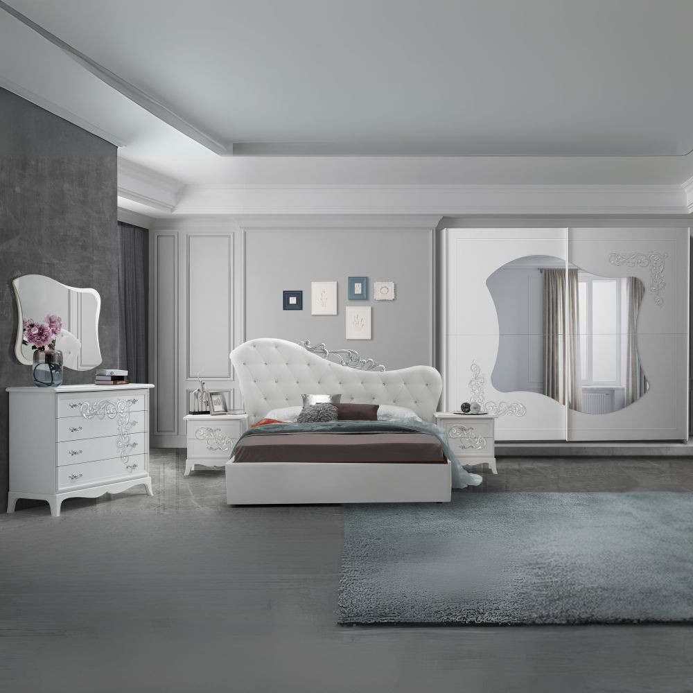Camera da letto Marsida bianco larice con armadio scorrevole serigrafato – Eleganza e funzionalità per la tua zona notte