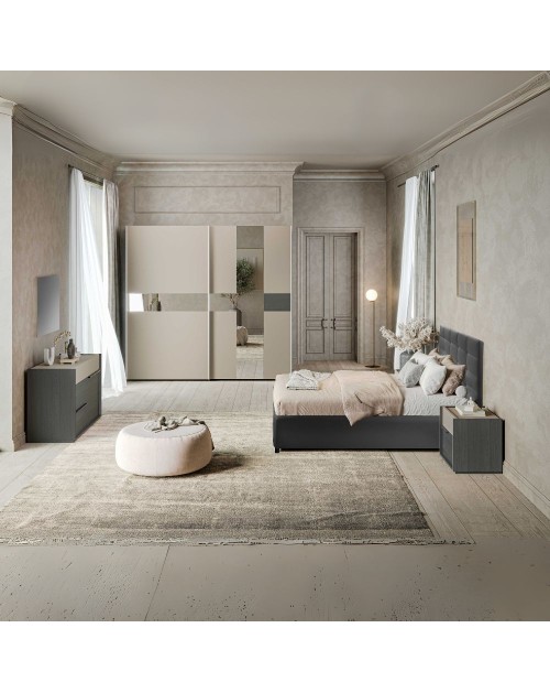 Camera da letto Tania grigio e talco armadio scorrevole con specchi e letto contenitore Napoli