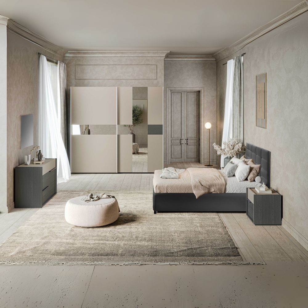 Camera da letto Tania grigio e talco armadio scorrevole con specchi e letto contenitore Napoli