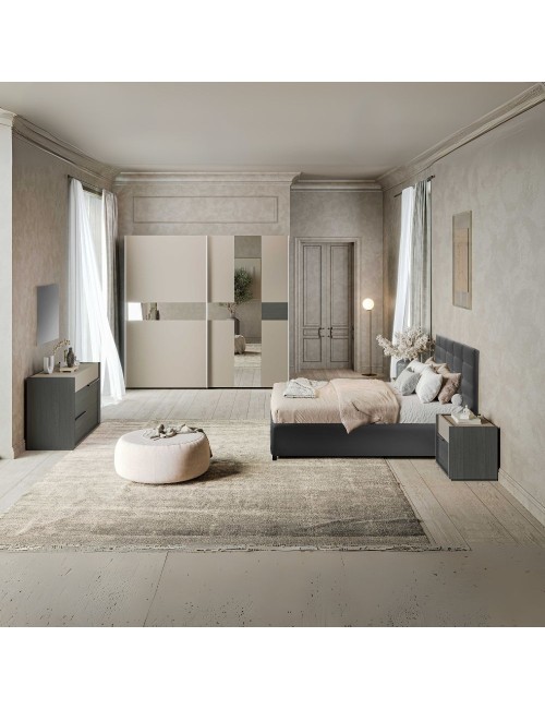 Camera da letto Tania grigio e talco armadio scorrevole con specchi e letto contenitore Napoli