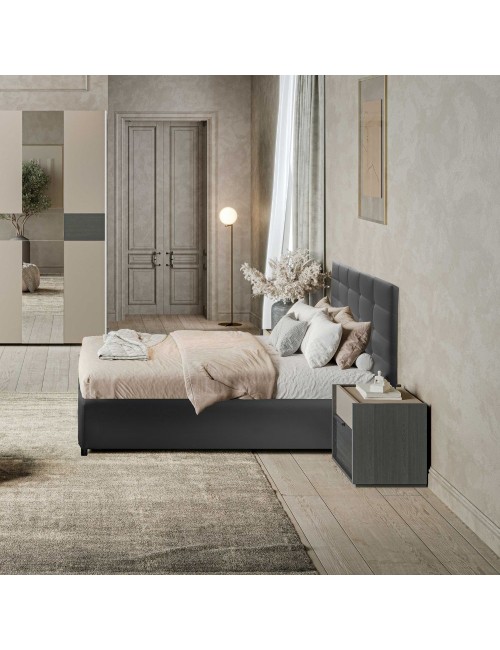 Camera da letto Tania grigio e talco armadio scorrevole con specchi e letto contenitore Napoli
