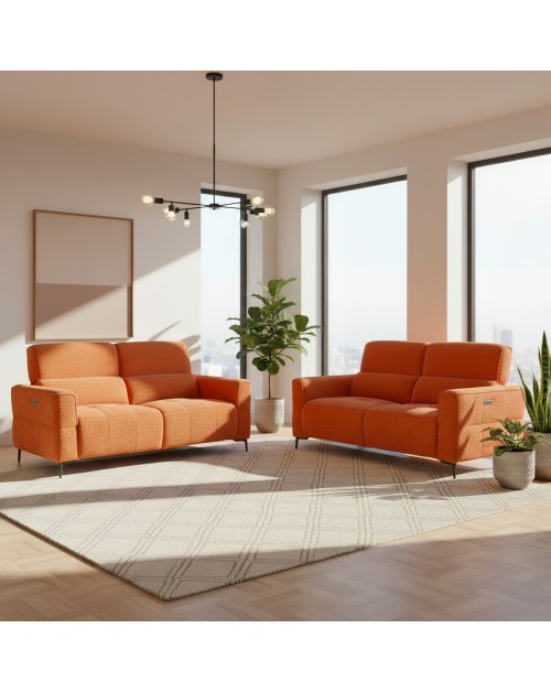 Set divani recliner Luxora 3 posti + 2 posti elettrici in tessuto aragosta