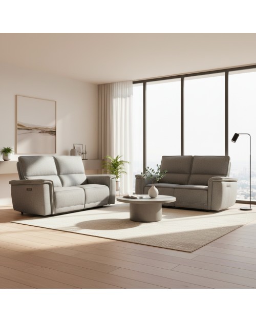 Set divani recliner elettrici Velveta 3 posti + 2 posti tessuto grigio