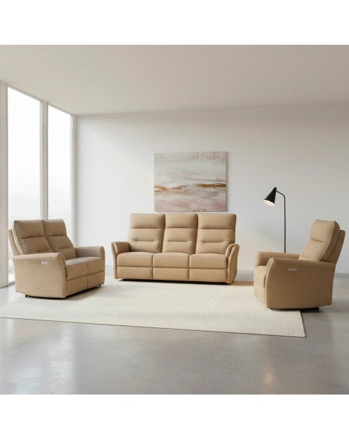 Set Relax Softwave – Divano 2 Posti + Divano 3 Posti + Poltrona Recliner Elettrica in Tessuto Camel
