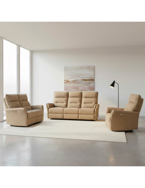 Set Relax Softwave – Divano 2 Posti + Divano 3 Posti + Poltrona Recliner Elettrica in Tessuto Camel