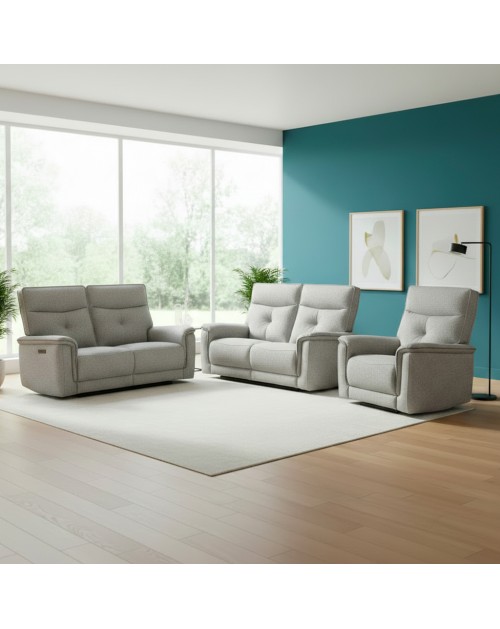Set divani recliner elettrici Elysio divano 3 posti + divano 2 posti + poltrona recliner tessuto grigio