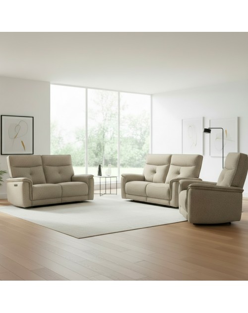 Set divani recliner elettrici Elysio divano 3 posti + divano 2 posti + poltrona recliner tessuto sabbia