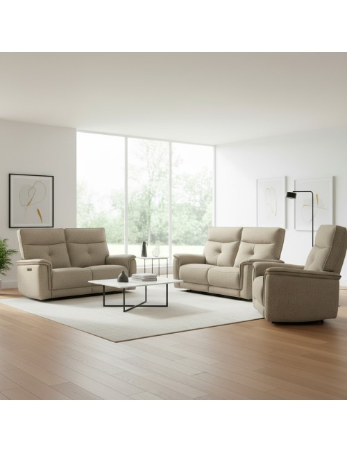 Set divani recliner elettrici Elysio divano 3 posti + divano 2 posti + poltrona recliner tessuto sabbia
