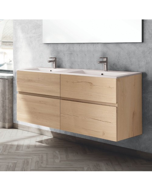 Mobile bagno sospeso doppio lavabo rovere Londres 4 cassetti 140x45x59H