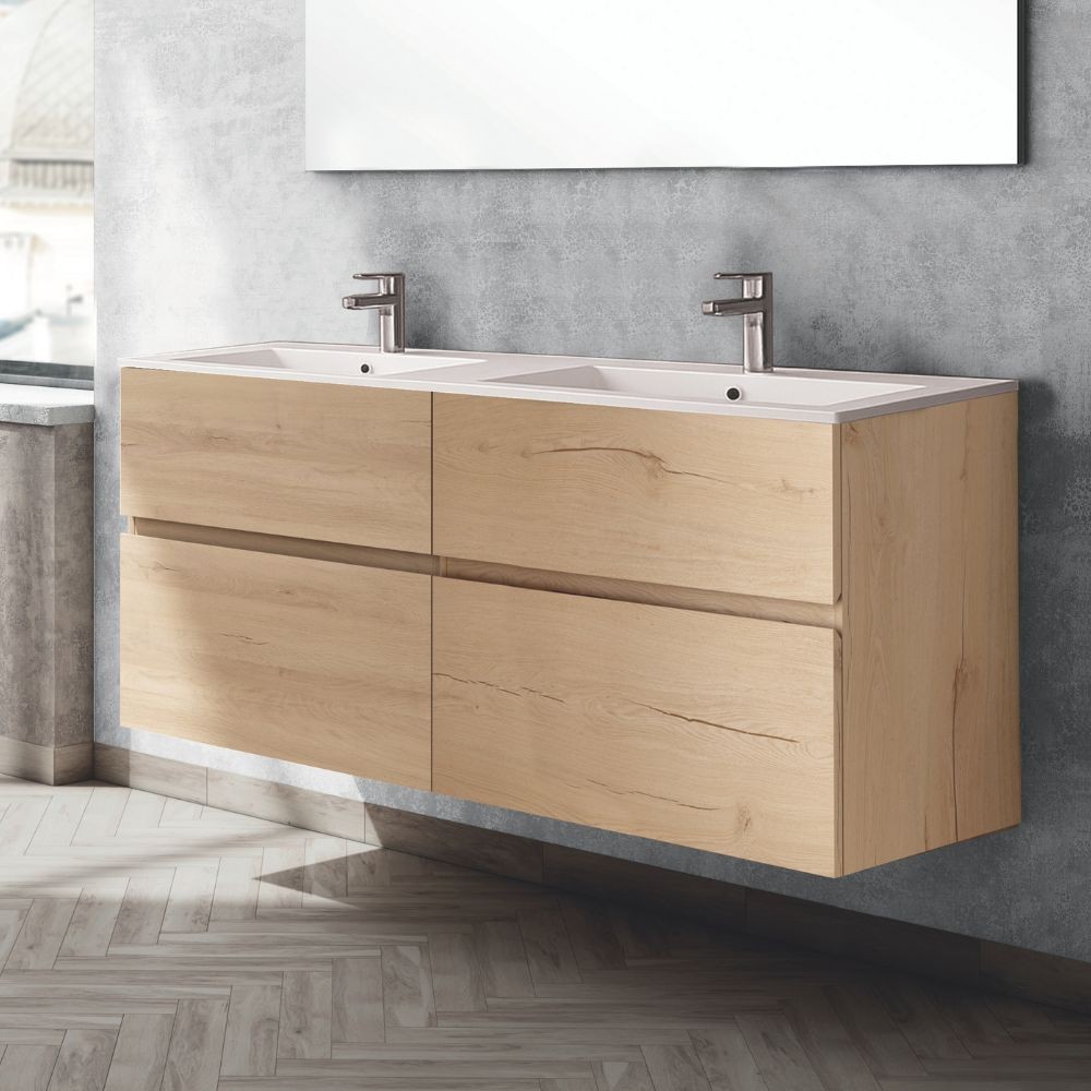 Mobile bagno sospeso doppio lavabo rovere Londres 4 cassetti 140x45x59H