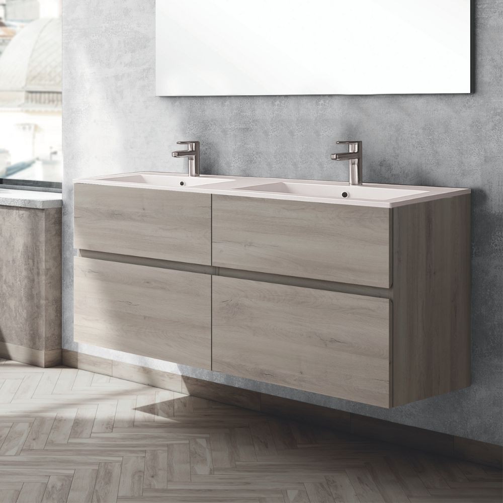 Mobile bagno sospeso doppio lavabo rovere grigio Londres 4 cassetti 140x45x59H