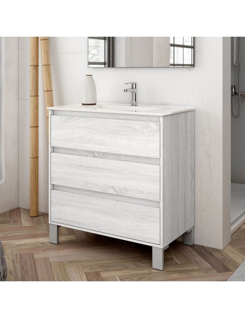 Mobile bagno Bolton colore rovere grigio ghiaccio 80x45x84H con 3 cassetti: design moderno e funzionalità senza compromessi