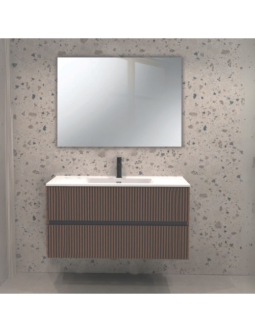 Mobile bagno sospeso Belfast con due cassetti noce effetto cannettato e specchio 80x45x50H