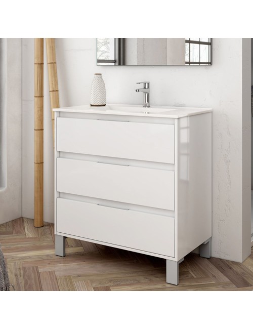 Mobile bagno Bolton colore bianco laccato lucido 80x45x84H con 3 cassetti: design moderno e funzionalità senza compromessi