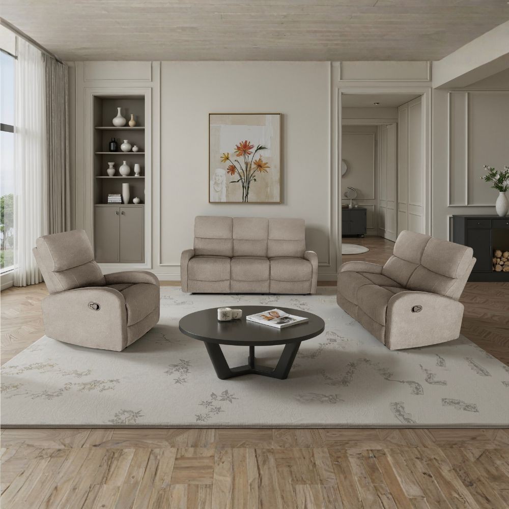 Divano relax 3+2 con poltrona recliner PotterSET in tessuto beige