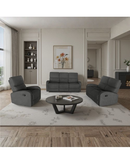 Divano relax 3+2 con poltrona recliner PotterSET in tessuto grigio scuro