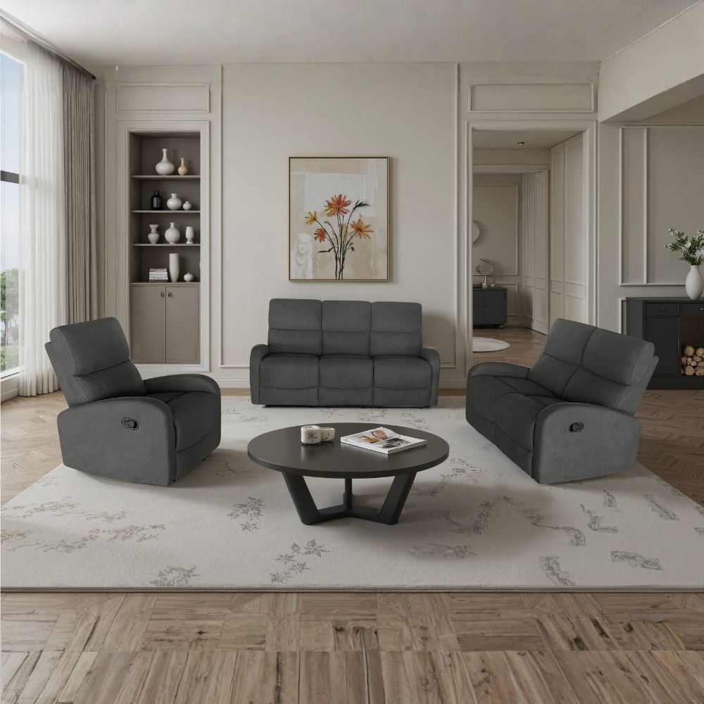 Divano relax 3+2 con poltrona recliner PotterSET in tessuto grigio scuro