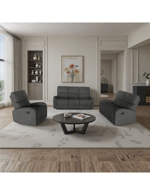 Divano relax 3+2 con poltrona recliner PotterSET in tessuto grigio scuro