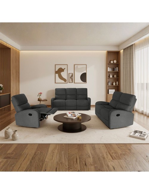 Divano relax 3+2 con poltrona recliner PotterSET in tessuto grigio scuro