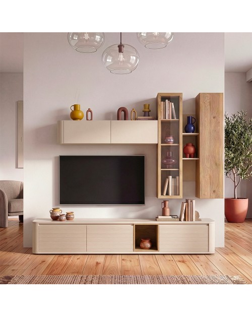 Soggiorno parete attrezzata Core grande con porta TV e pensili rovere e cashmere