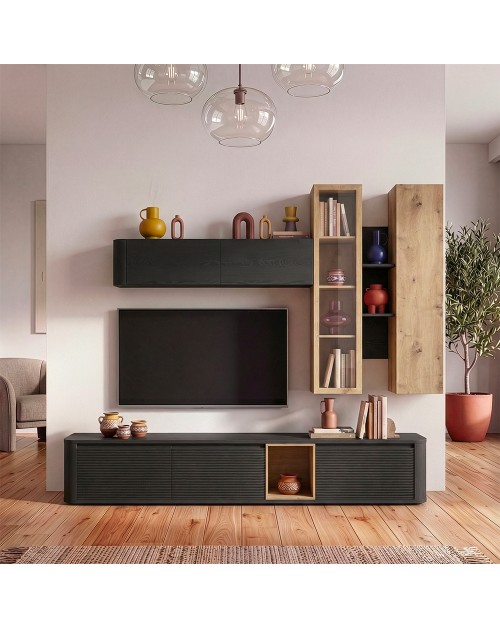 Soggiorno parete attrezzata Core grande con porta TV e pensili rovere e nero