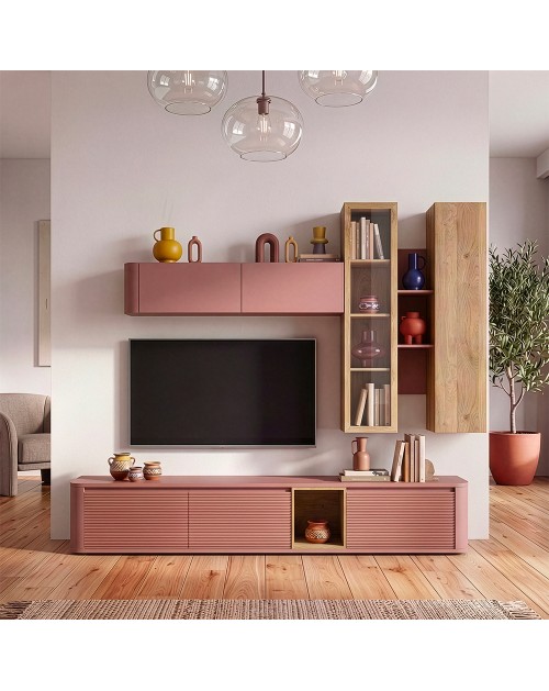 Soggiorno parete attrezzata Core grande con porta TV e pensili rovere e terracotta