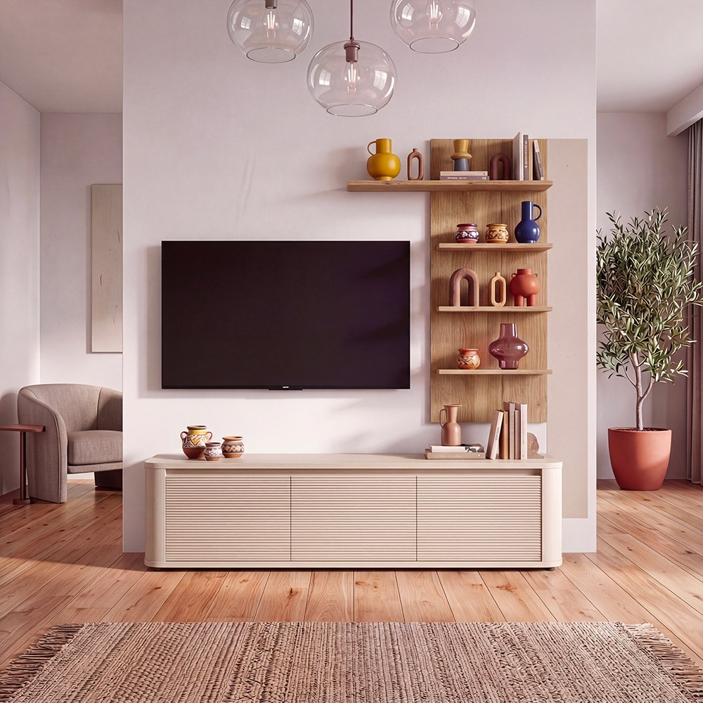 Parete Attrezzata Core Piccola con Porta TV e Libreria – Rovere e Cashmere