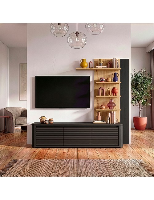 Parete Attrezzata Core Piccolo con Porta TV e Libreria – Rovere e nero