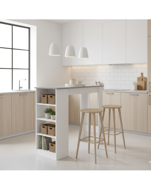 Tavolo snack alto Kivo bianco e cemento con 3 ripiani laterali 112x49.6x103.5H