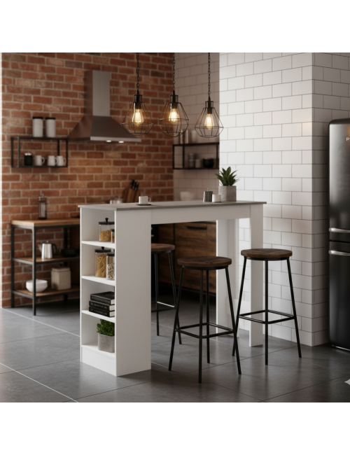 Tavolo snack alto Kivo bianco e cemento con 3 ripiani laterali 112x49.6x103.5H