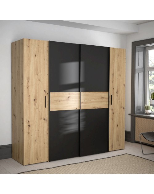 Armadio Teodoro 4 ante rovere e nero con ante scorrevoli e battenti 200x61x190H